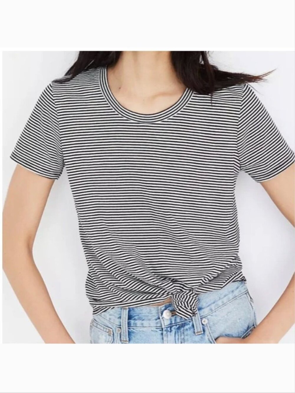 Madewell  XS Black White Striped Front Knot Short Sleeve Cotton T-Shirt